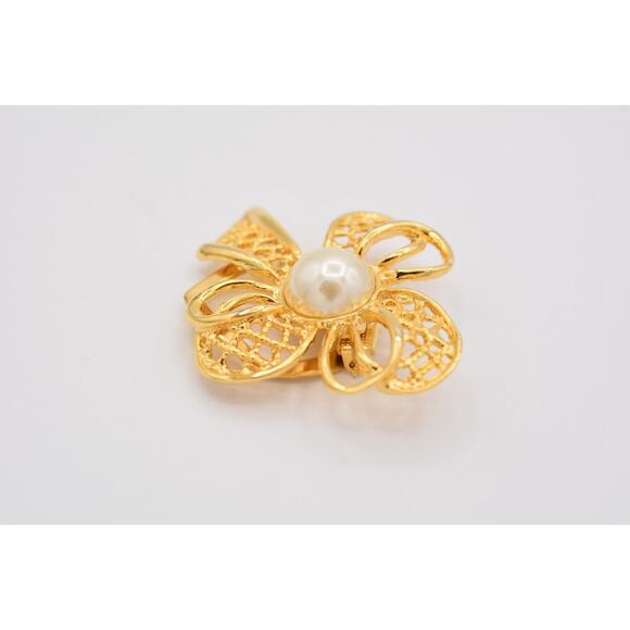 Vintage Bow Scarf Clip Faux Pearl Shiny Gold Tone Yellow Brushed 1980s 9B - Picture 3 of 12